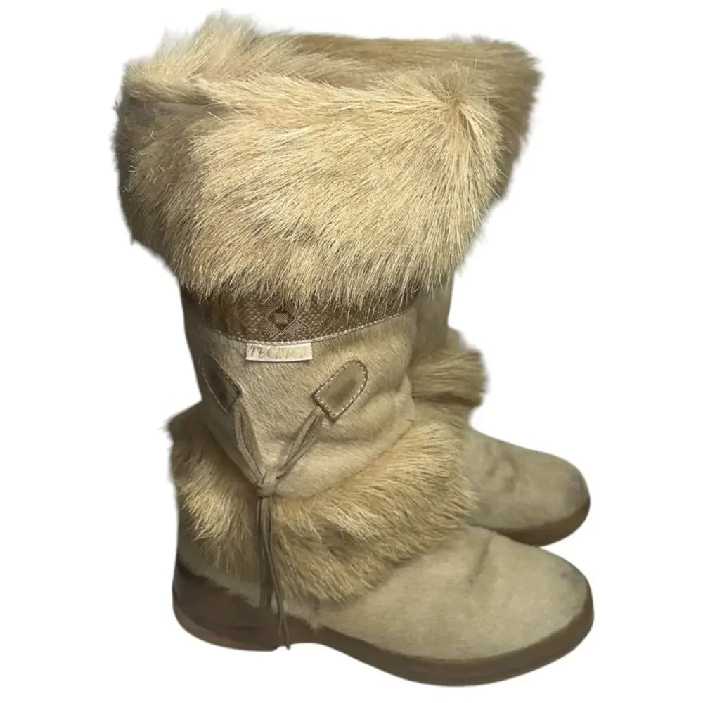 Tecnica Vintage 1973 Sz 7.5 Tan Skandia Pony Hair Fur Trim Mid Calf Winter Boots